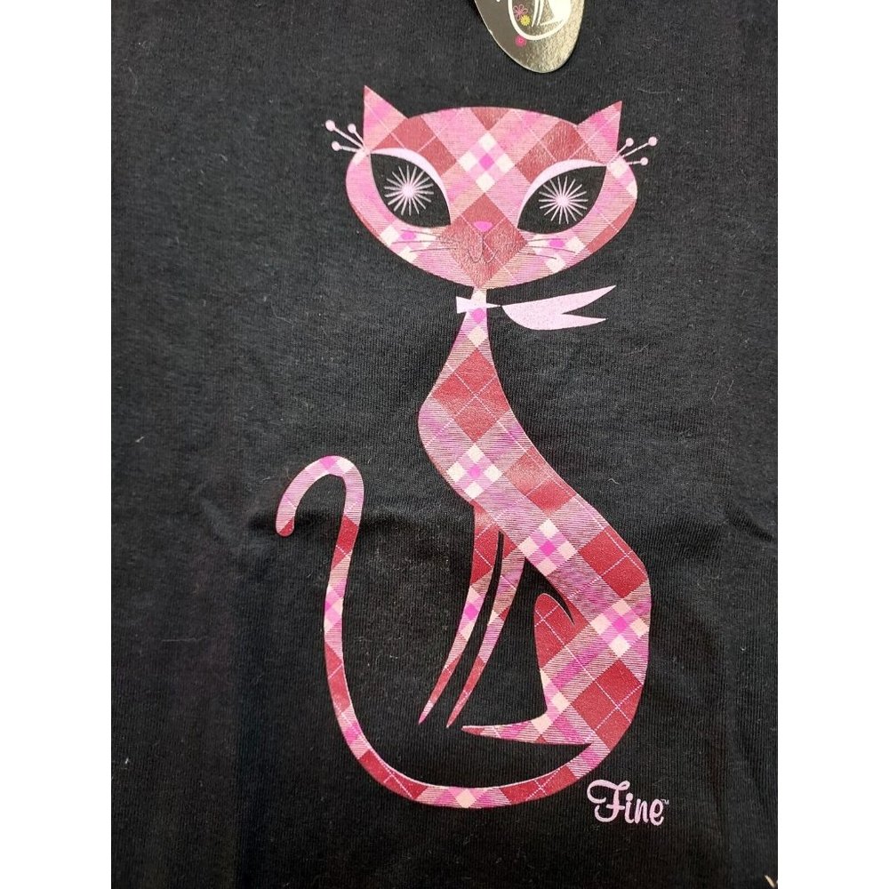 Vintage French Kitty by Mighty Fine Womens Top, Plaid Cat, Black, Large